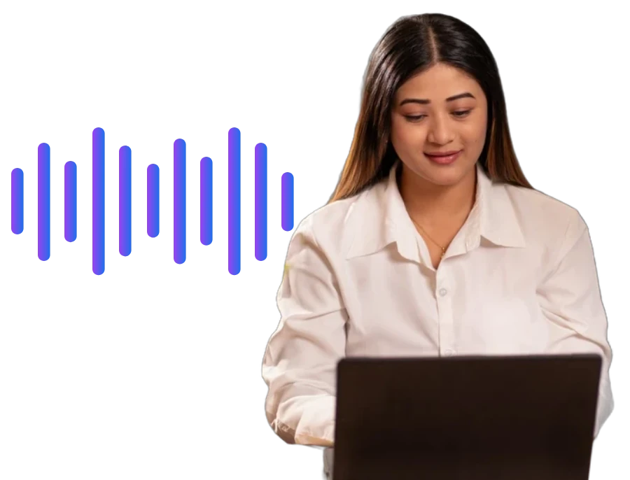 Woman working on a laptop next to a voice waveform